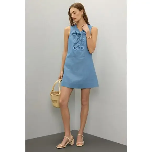 English Factory Blue Denim Lace Up Mini Dress Size M with Paint Chipping on Ring - Picture 1 of 7